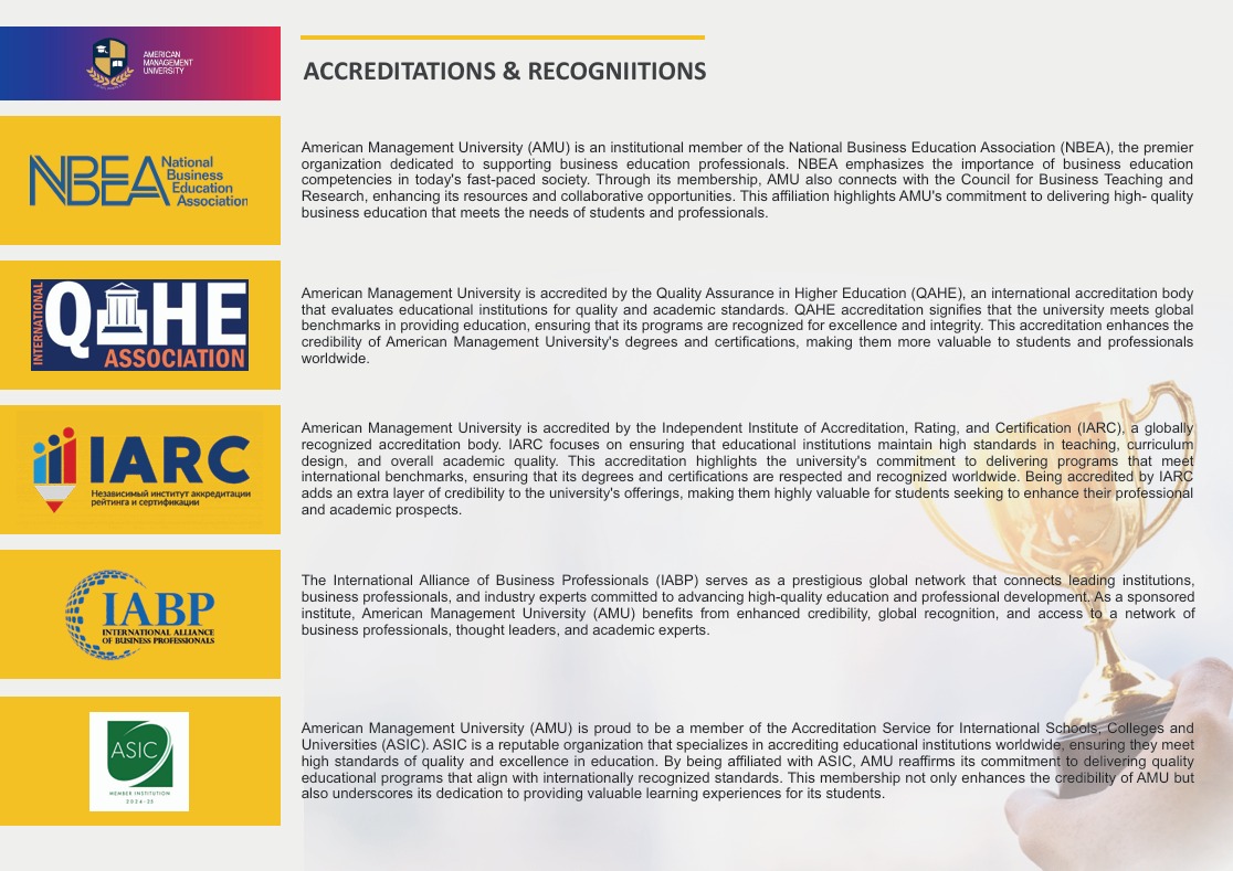 American Management University accreditations and recognitions: NBEA, QAHE, IARC, IABP and ASIC