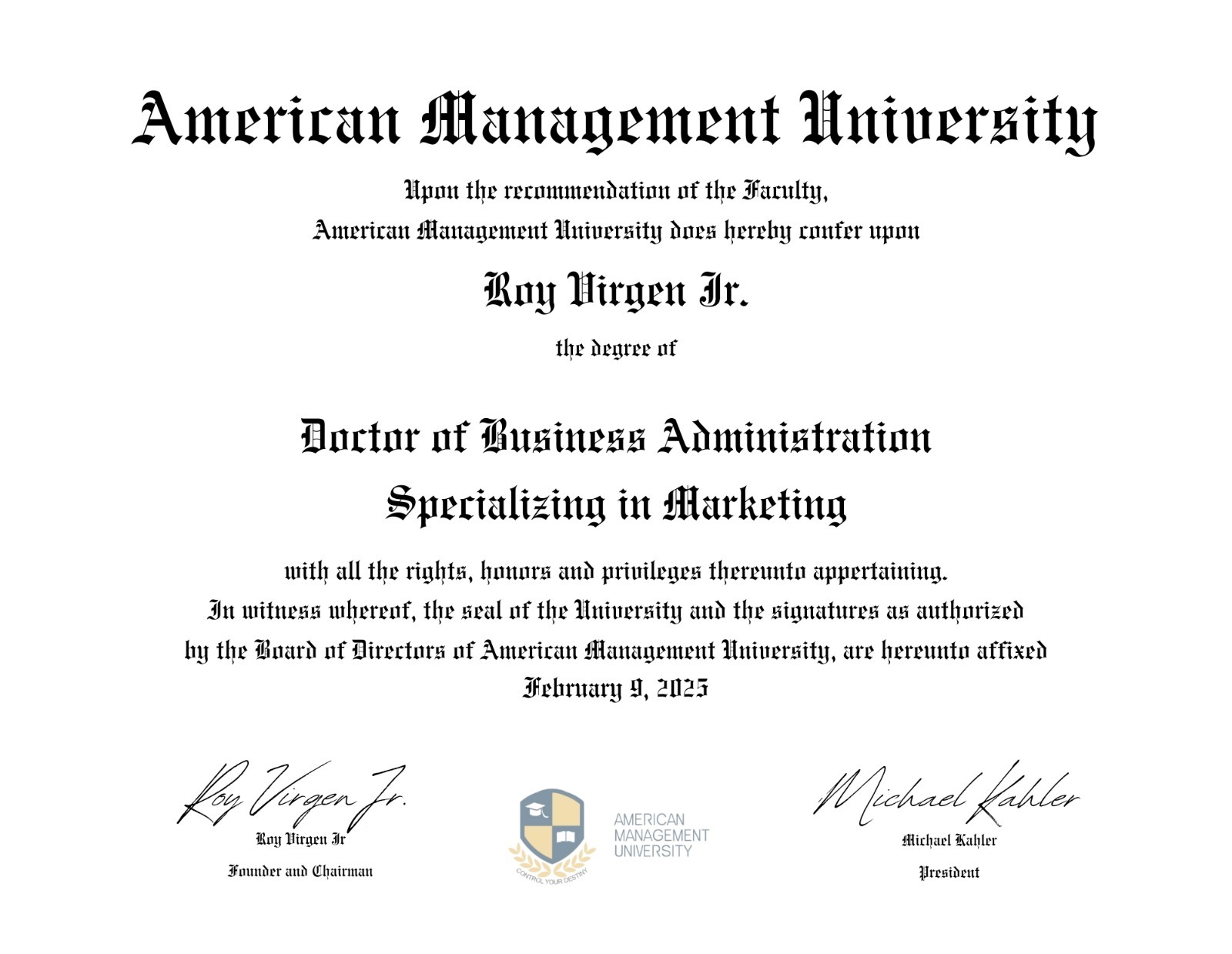 DBA — Doctor of Business Administration sample certificate