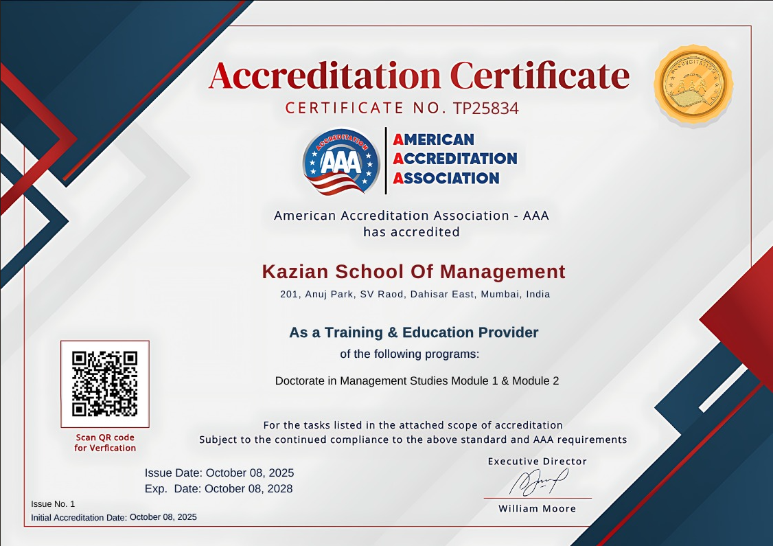 American Accreditation Association accreditation certificate for Kazian School of Management