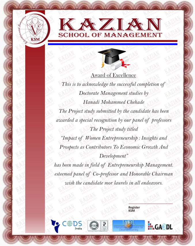 Kazian School of Management award of excellence
