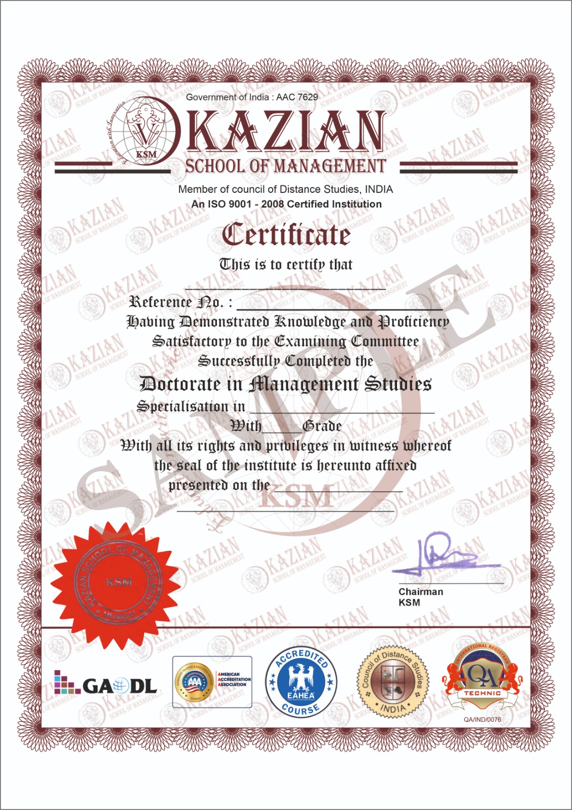 DMS — Doctor of Management Studies sample certificate
