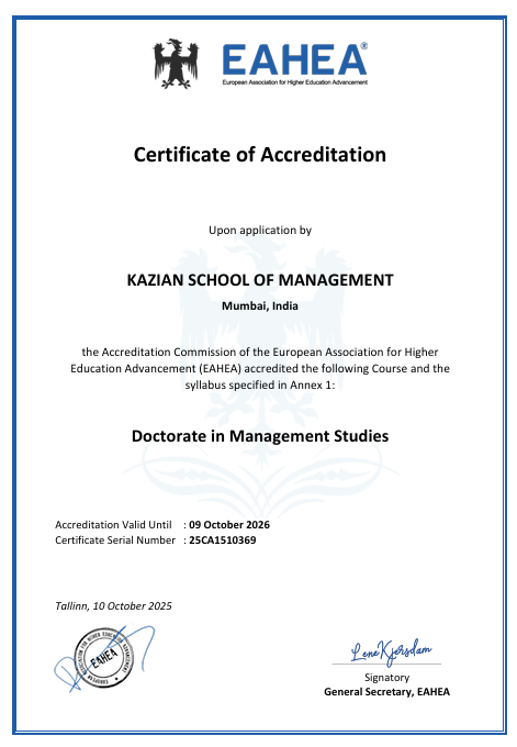 EAHEA certificate of accreditation for Kazian School of Management