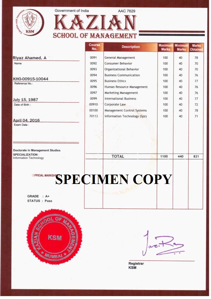 Kazian School of Management sample transcript