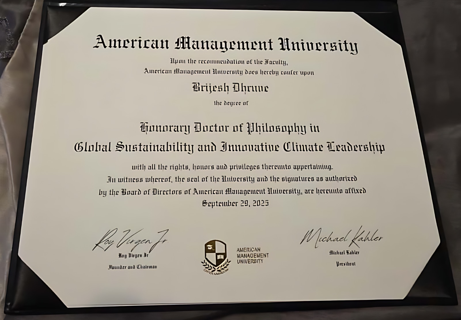 Honorary Doctorate sample certificate